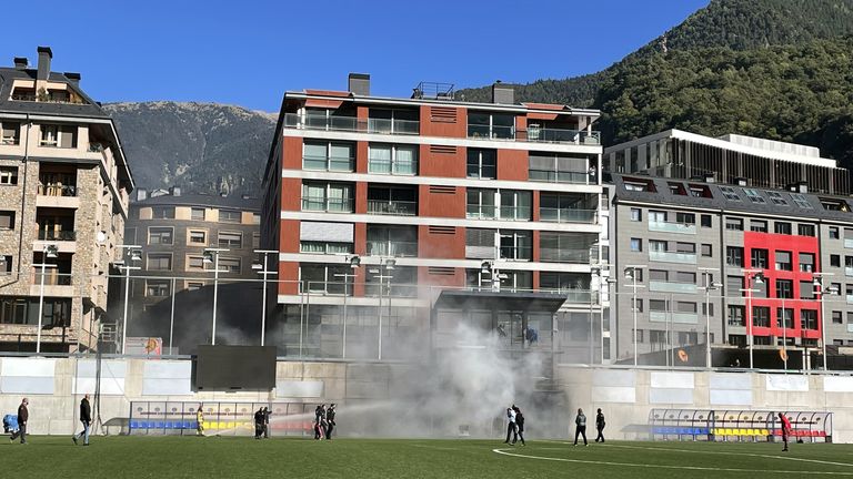 Emergency Services tackle a fire at Andorra's National Stadium a day before they play England in a World Cup qualifier