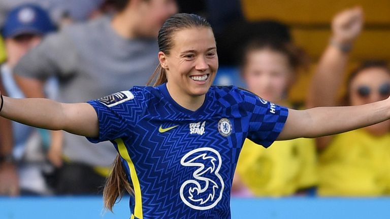 Fran Kirby celebrates after scoring Chelsea's second goal against Leicester City