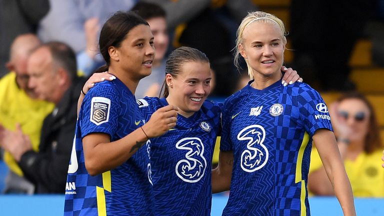 Fran Kirby celebrates with Chelsea team-mates Sam Kerr and Pernille Harder after scoring against Leicester