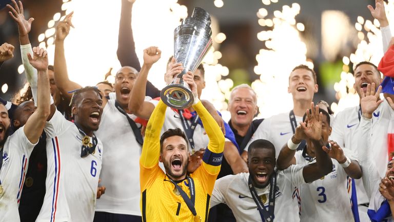 France captain holds aloft the Nations League trophy