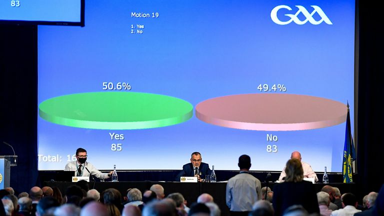 Larry McCarthy announces the result of Motion 19, the vote on a 'Proposal B' restructure