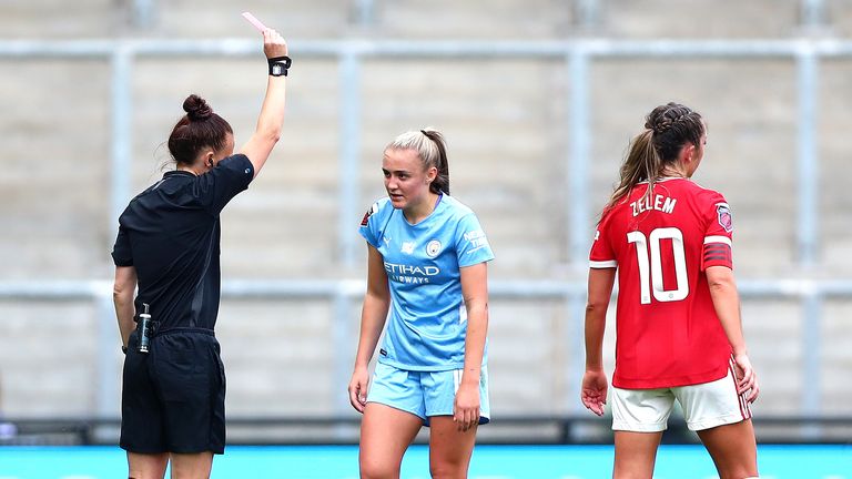 Man City's Georgia Stanway is shown a red card during the WSL match against Man Utd