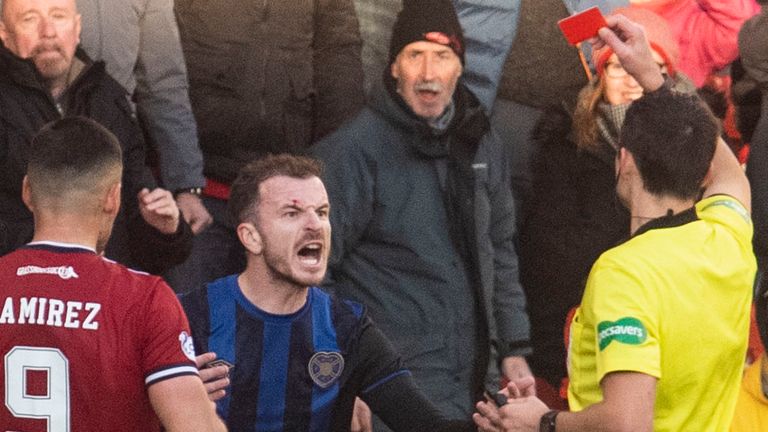 Hearts' Andy Halliday was shown a straight red card late on in the defeat at Aberdeen