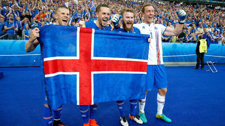 Hannes Thor Halldorsson celebrates qualifying for Euro 2016