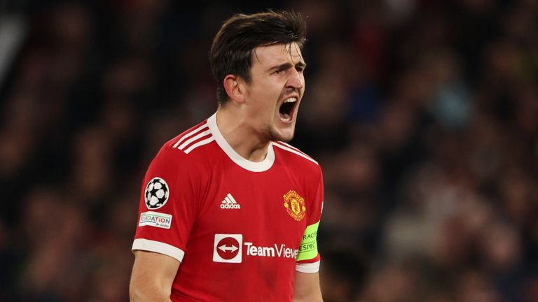 Harry Maguire celebrates scoring Manchester United's second goal vs Atalanta