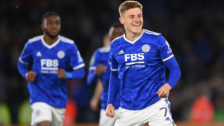 Harvey Barnes celebrates after giving Leicester the lead against Brighton in the Carabao Cup
