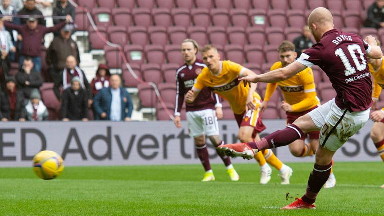 EDINBURGH, SCOTLAND - OCTOBER 02: Hearts' Liam Boyce makes it 1-0 from the penalty spot during the cinch Premiership match between Heart of Midlothian and Motherwell at Tynecastle on October 02, 2021, in Edinburgh, Scotland. (Photo by Craig Foy / SNS Group)