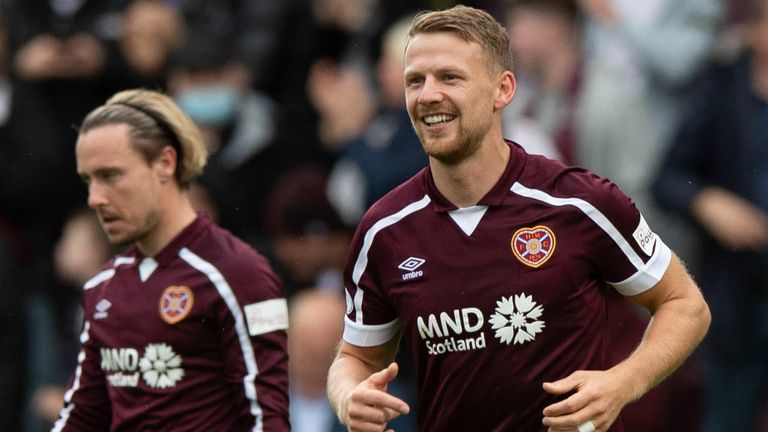 EDINBURGH, SCOTLAND - OCTOBER 02:  Hearts' Stephen Kingsley celebrates making it 2-0 with teammates during the cinch Premiership match between Heart of Midlothian and Motherwell at Tynecastle on October 02, 2021, in Edinburgh, Scotland. (Photo by Sammy Turner / SNS Group)