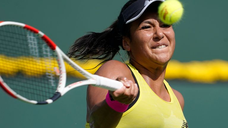 Heather Watson, of Britain, returns to Sloane Stephens, of the United States, at the BNP Paribas Open tennis tournament Wednesday, Oct. 6, 2021, in Indian Wells, Calif. (AP Photo/Mark J. Terrill)
