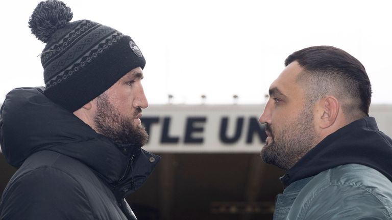 CHAMPIONSHIP BOXING PRESS CONFERENCE.ST,JAMES...S PARK,.NEWCASTLE.PIC;LAWRENCE LUSTIG.HUGHIE FURY AND CHRISTIAN HAMMER COME FACE TO FACE BEFORE THEY MEET ON THE BOXXER PROMOTION AT THE UTILITA ARENA ON SATURDAY NIGHT (16-10-21).