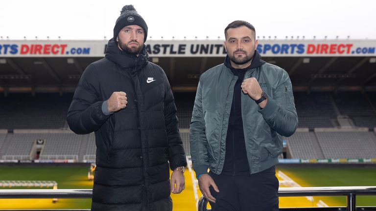 CHAMPIONSHIP BOXING PRESS CONFERENCE.ST,JAMES...S PARK,.NEWCASTLE.PIC;LAWRENCE LUSTIG.HUGHIE FURY AND CHRISTIAN HAMMER COME FACE TO FACE BEFORE THEY MEET ON THE BOXXER PROMOTION AT THE UTILITA ARENA ON SATURDAY NIGHT (16-10-21).