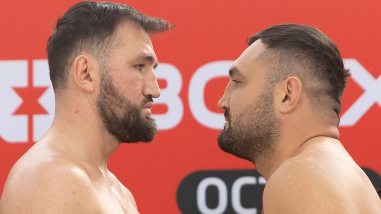 CHAMPIONSHIP BOXING WEIGH IN.METRO CENTRE,.NEWCASTLE.PIC;LAWRENCE LUSTIG.International Heavyweight Contest .HUGHIE FURY and  CHRISTIAN HAMMER. WEIGH IN BEFORE THEIR CONTEST ON BOXXER PROMOTIONS NIGHT OF CHAMPIONSHIP BOXING AT THE UTILITA ARENA,NEWCASTLE ON SATURDAY(16-10-21)