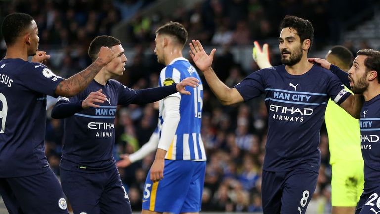 Ilkay Gundogan celebrates his goal with teammates Gabriel Jesus, Phil Foden and Bernardo Silva