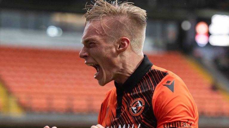 DUNDEE, SCOTLAND - OCTOBER 02: Dundee Utd's Ilmari Niskanen celebrates making the score 1-0 during the cinch Premiership match between Dundee United and Ross County at Tannadice on October 02, 2021, in Dundee, Scotland. (Photo by Mark Scates / SNS Group)