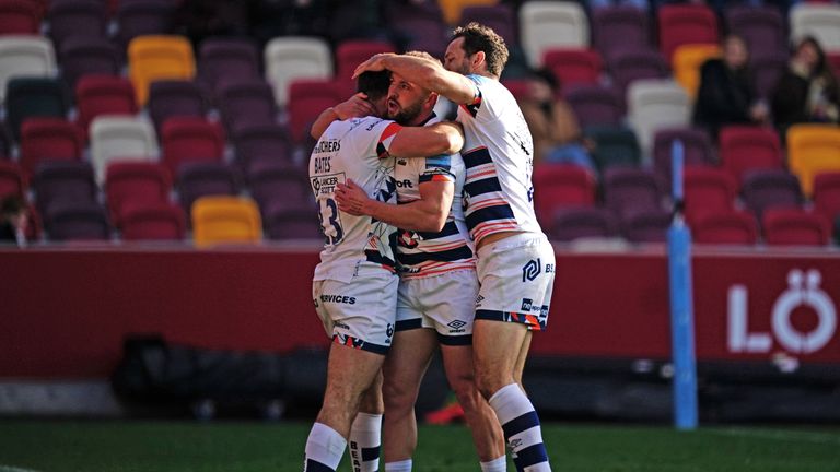 Jack Bates (L) celebrates after scoring for Bristol