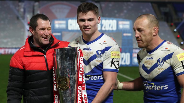 Wigan Warriors v St Helens - Betfred Super League - Grand Final - KCOM Stadium
St Helens' head coach Tristian Woolf (left) and Jack Welsby (centre) and James Roby celebrate with the trophy after winning the Betfred Super League Grand Final at the KCOM Stadium, Hull.