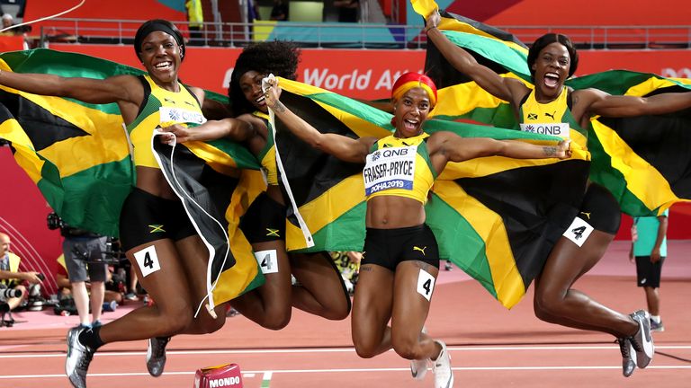 Jamaica's Jonielle Smith, Natalliah Whyte, Shelly-Ann Fraser-Pryce and Shericka Jackson celebrate winning the gold medal in the 4x100 Metres Women's Final during day nine of the IAAF World Championships at The Khalifa International Stadium, Doha