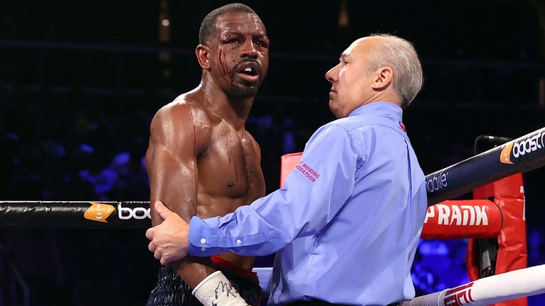 ATLANTA, GEORGIA - OCTOBER 23: Jamel Herring gets stopped during his fight against Shakur Stevenson for the WBO world junior lightweight championship fight at State Farm Arena on October 23, 2021 in Atlanta, Georgia.(Photo by Mikey Williams/Top Rank Inc via Getty Images).