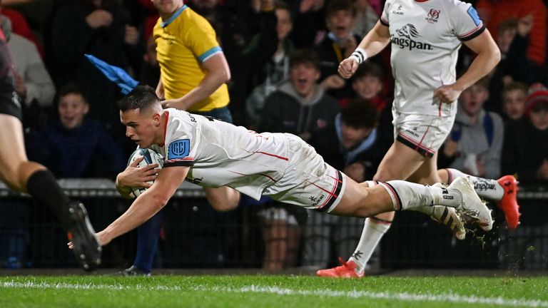 15 October 2021; James Hume of Ulster dives over to score his side's second try during the United Rugby Championship match between Ulster and Emirates Lions at Kingspan Stadium in Belfast. Photo by Ramsey Cardy/Sportsfile