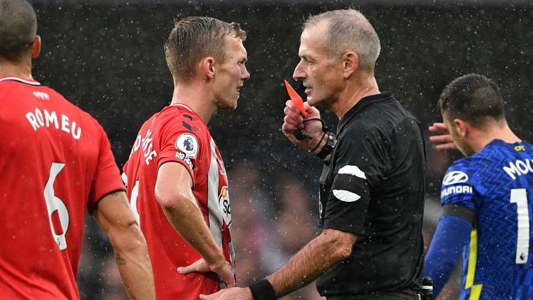 James Ward-Prowse is shown a red card by referee Martin Atkinson