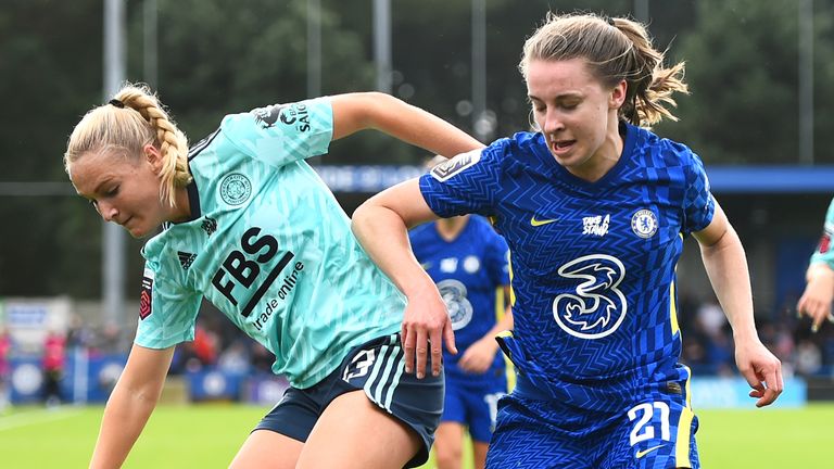 Leicester's Jemma Purfield battles for possession with Chelsea's Niamh Charles