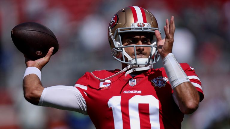 San Francisco 49ers Jimmy Garoppolo (10) warms up during an NFL football game against the Seattle Seahawks, Sunday, October 3, 2021, in Santa Clara, Calif. (AP Photo/Scot Tucker)