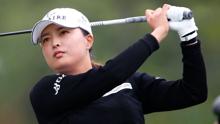 Jin Young Ko of Korea, hits from the sixth tee during the third round of the Cognizant Founders Cup, Saturday, Oct 9, 2021, in West Caldwell, NJ. (AP Photo/Noah K. Murray)