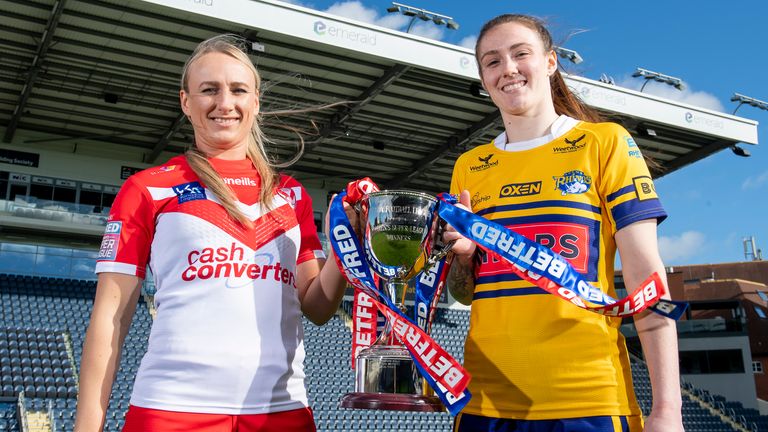 Picture by Allan McKenzie/SWpix.com - 29/09/2021 - Rugby League - Betfred Women's Super League Grand Final 2021 Preview - Emerald Headingley Stadium, Leeds,  England - St Helens'  Jodie Cunningham with Leeds' Sophie Nutall.