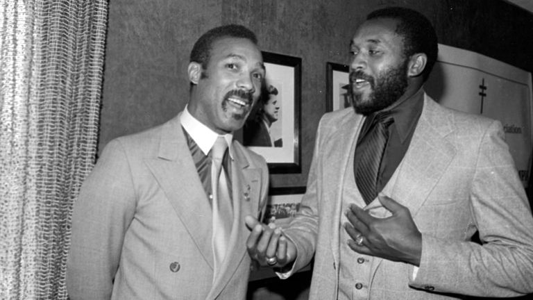 John Carlos (left) and Tommie Smith in 1982 in a rare appearance together since their protest in 1968