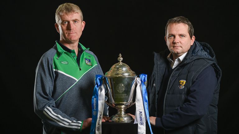 6 February 2017; In attendance at the 2017 Allianz Hurling League Launch in Croke Park are, from left, Wexford manager Davy Fitzgerald and Limerick manager John Kiely. This year, Allianz celebrates 25 years of sponsoring the Allianz Leagues. Visit www.allianz.ie for more information. Photo by Seb Daly/Sportsfile 