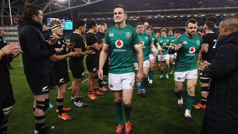 Johnny Sexton and his Ireland team-mates accept the plaudits from the All Blacks in 2018