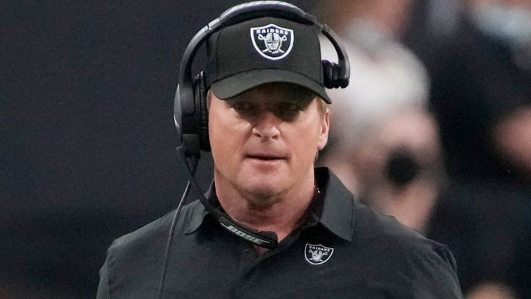 Jon Gruden coaches his Las Vegas Raiders team to a 20-9 loss to the Chicago Bears on Sunday before stepping down on Monday