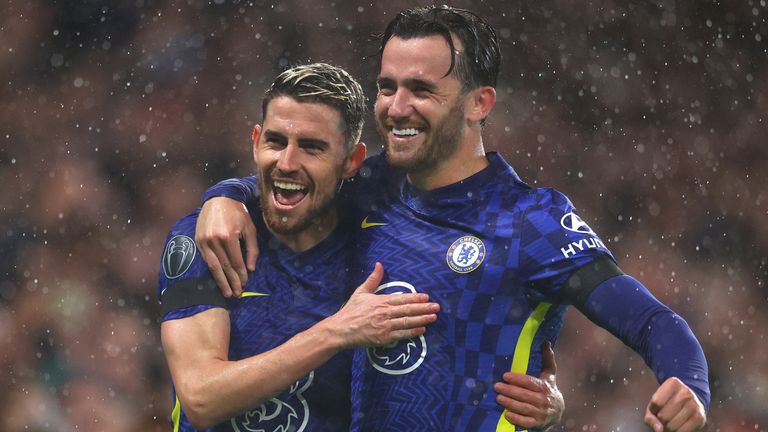Jorginho celebrates with Ben Chilwell after scoring Chelsea's fourth goal from the spot