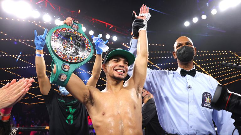 NEW YORK, NEW YORK - OCTOBER 30: Jose Zepeda is victorious as he defeats Josue Vargas for the WBC silver super lightweight championship at The Hulu Theater at Madison Square Garden on October 30, 2021 in New York City.(Photo by Mikey Williams/Top Rank Inc via Getty Images)