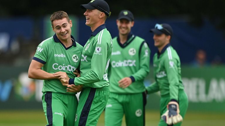 Dublin , Ireland - 13 July 2021; Josh Little of Ireland, left, celebrates with team-mate Harry Tector after claiming the wicket of South Africa&#39;s Temba Bavuma during the 2nd Dafanews Cup Series One Day International match between Ireland and South Africa at The Village in Malahide, Dublin. (Photo By Seb Daly/Sportsfile via Getty Images)