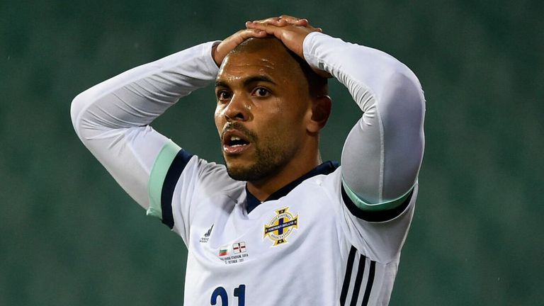 Northern Ireland's forward Josh Magennis reacts during the match vs Bulgaria
