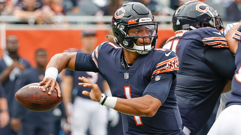 Quarterback Justin Fields of the Chicago Bears celebrates a