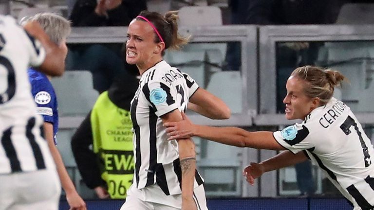 Barbara Bonansea celebrates scoring for Juventus against Chelsea in the Women&#39;s Champions League