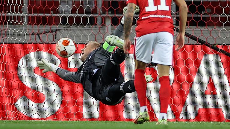 Kasper Schmeichel can't keep out a shot from Aleksandr Sobolev as Leicester go a goal down in Moscow (AP)