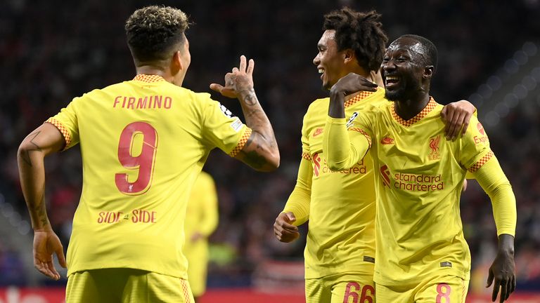 Naby Keita celebrates his volley against Atletico Madrid