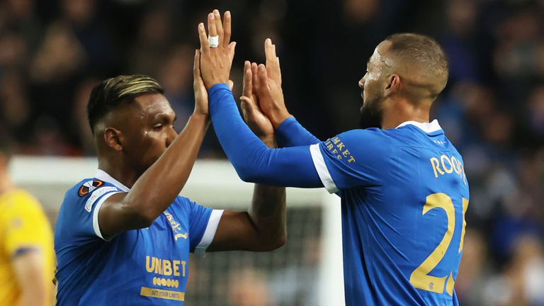 Rangers&#39; Kemar Roofe celebrates his goal with Alfredo Morelos (left) after his goal is given after a VAR review vs Brondby