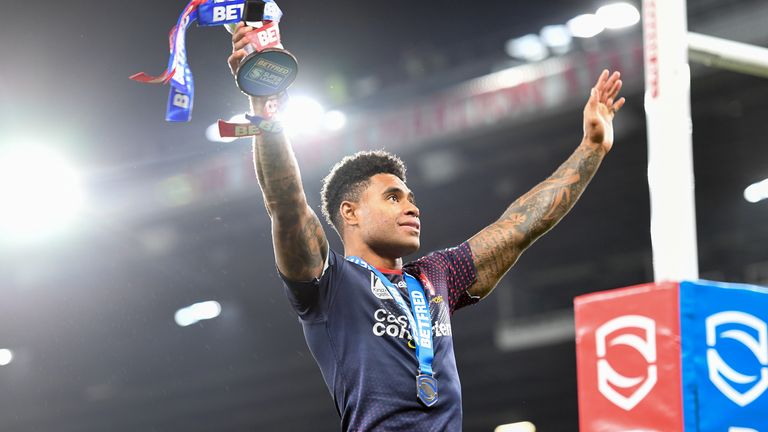 Picture by Will Palmer/SWpix.com - 09/10/2021 - Rugby League - Betfred Super League Grand Final - Catalans Dragons v St Helens - Old Trafford, Manchester, England - St Helens' Kevin Naiqama celebrates St Helens becoming Super League Champions
