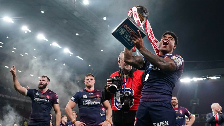St Helens' Kevin Naiqama with the trophy after the Betfred Super League grand final at Old Trafford, Manchester. Picture date: Saturday October 9, 2021. See PA story RUGBYL Final. Photo credit should read: Zac Goodwin/PA Wire. RESTRICTIONS: Use subject to restrictions. Editorial use only, no commercial use without prior consent from rights holder.