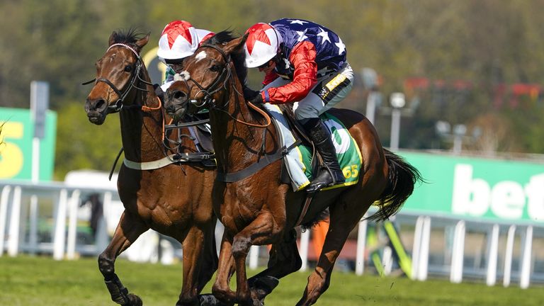 Kitty's Light and Potterman battle it out at Sandown in the bet365 Gold Cup