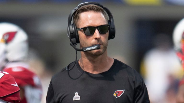 Arizona Cardinals head coach Kliff Kingsbury on the sideline while playing the Los Angeles Rams during an NFL Professional Football Game Sunday, October 3, 2021, in Inglewood, Calif. (AP Photo/John McCoy)