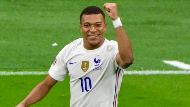 Kylian Mbappe celebrates his winner in the Nations League final - Miguel Medina/Pool Photo via AP