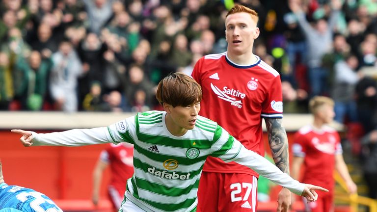 ABERDEEN, SCOTLAND - OCTOBER 03: Celtic's  Kyogo Furuhashi celebrates after scoring to make it 1-0 . during the cinch Premiership match between Aberdeen and Celtic at Pittodrie Stadium on October 03, 2021, in Aberdeen, Scotland.  (Photo by Ross MacDonald / SNS Group)