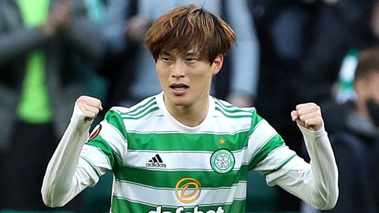 Kyogo Furuhashi celebrates after scoring Celtic's first goal 