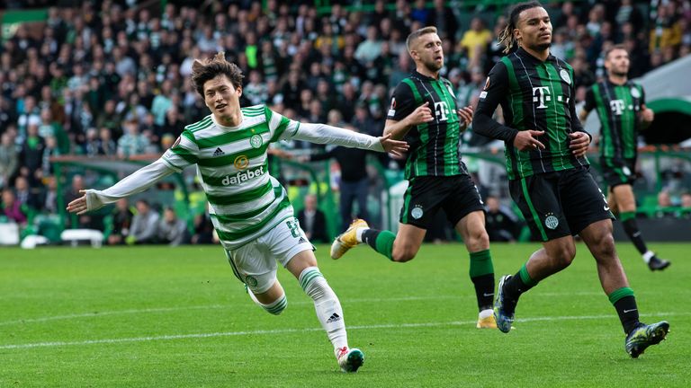 GLASGOW, SCOTLAND - OCTOBER 19: Celtic...s Kyogo Furuhashi  celebrates after scoring to make it 1-0 .during a Europa League Group Stage match between Celtic and Ferencvaros at Celtic Park on October 19, 2021, in Glasgow, Scotland.  (Photo by Ross Parker / SNS Group)