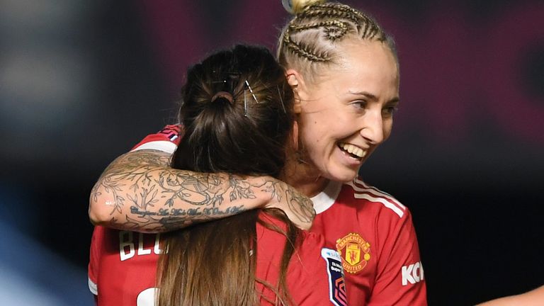 Leah Galton is congratulated after giving Man Utd Women a 1-0 half-time lead against Birmingham in the WSL